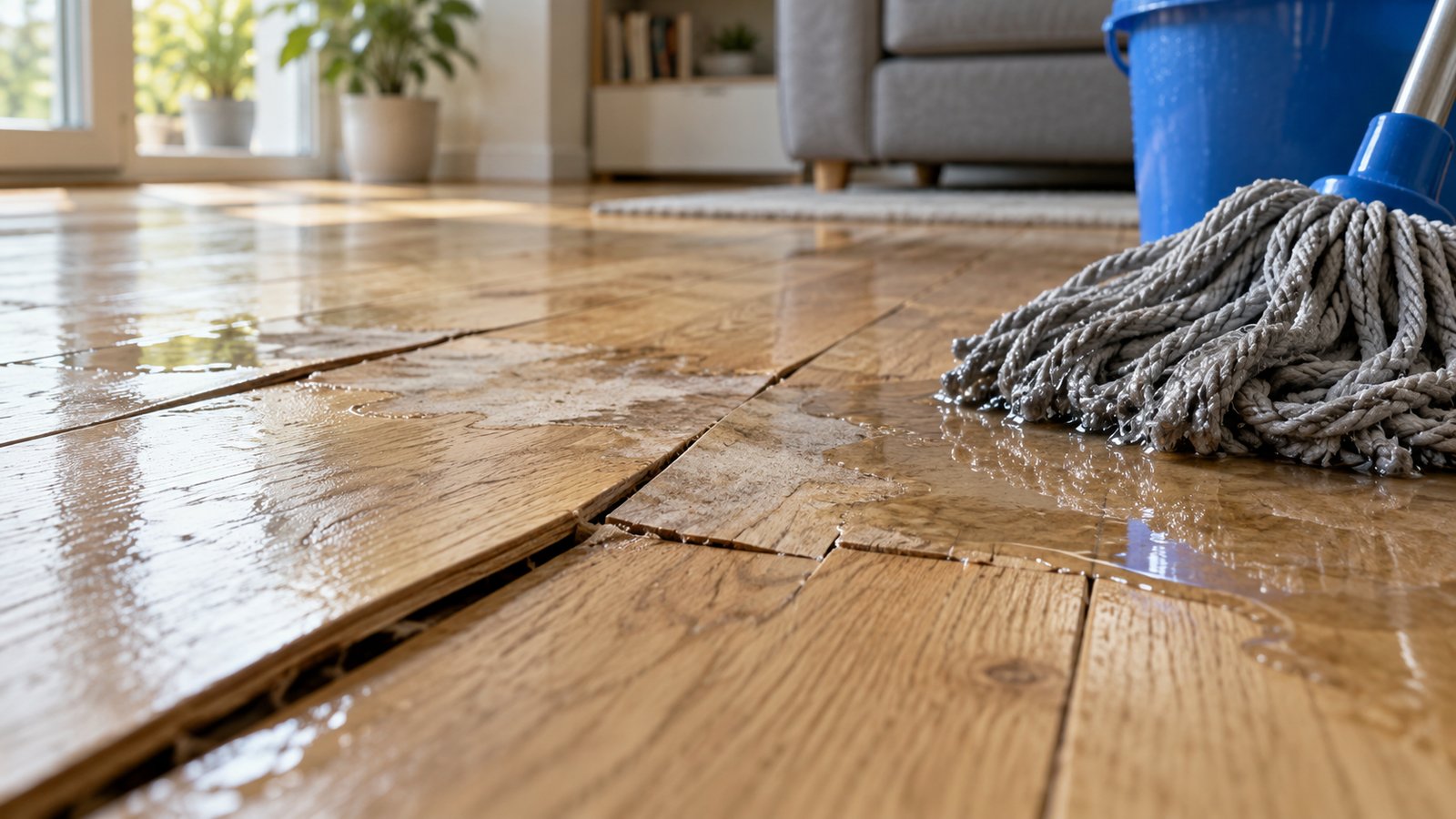 Parquet with swollen, raised edges after overly wet cleaning, with a wet mop and bucket beside it