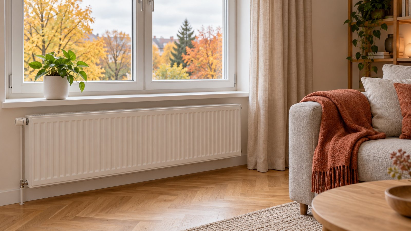 A clean radiator under the window in a bright living room in autumn