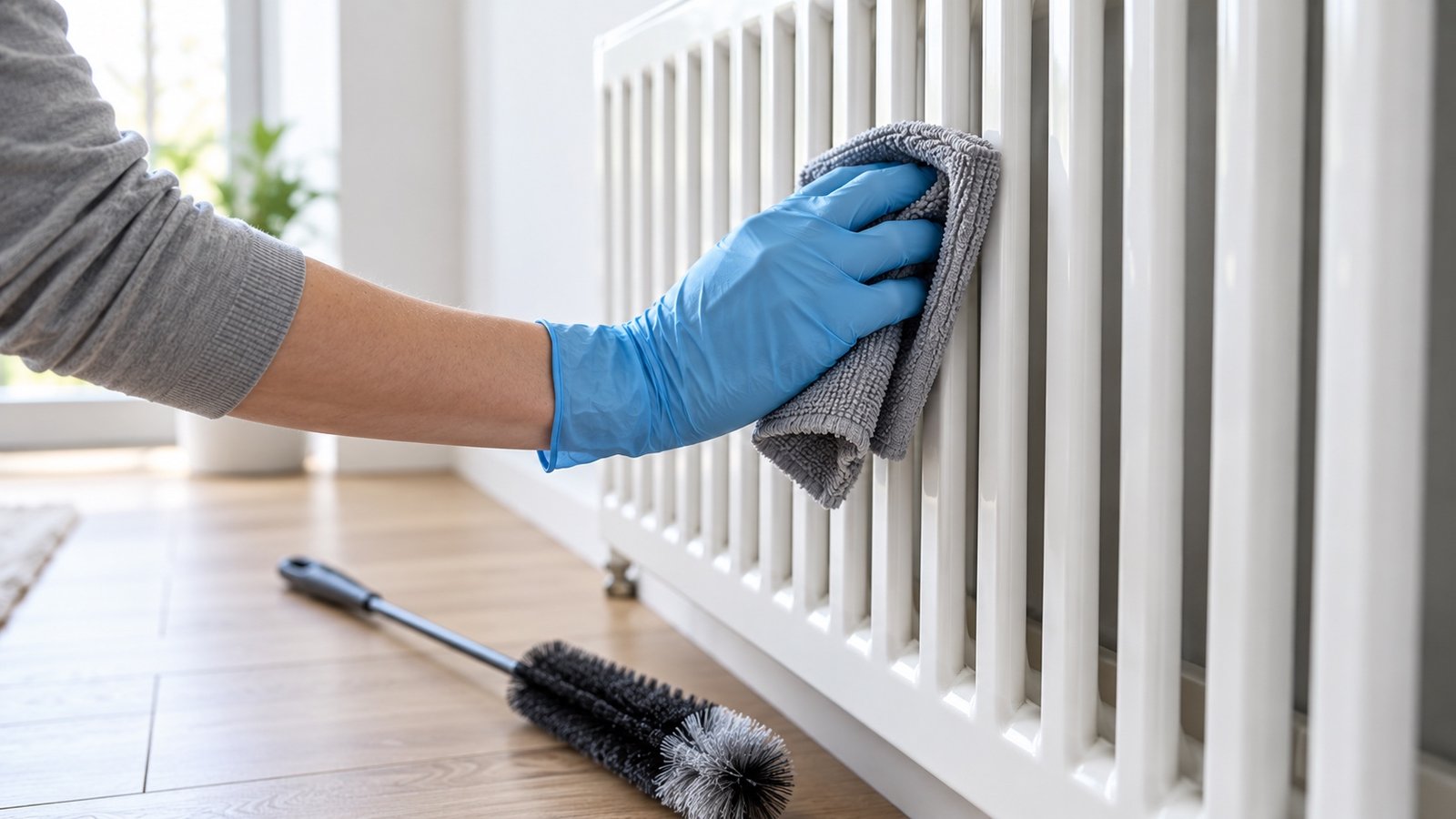 Wiping radiator fins with a microfibre cloth before the heating season