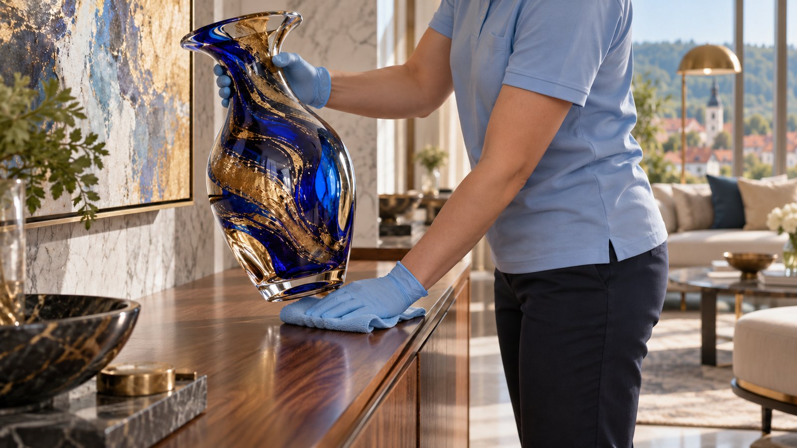 Eine Reinigungsmeisterin von 2clean4U hebt vorsichtig eine wertvolle Murano-Glasvase vom Sideboard, um die Fläche darunter zu wischen