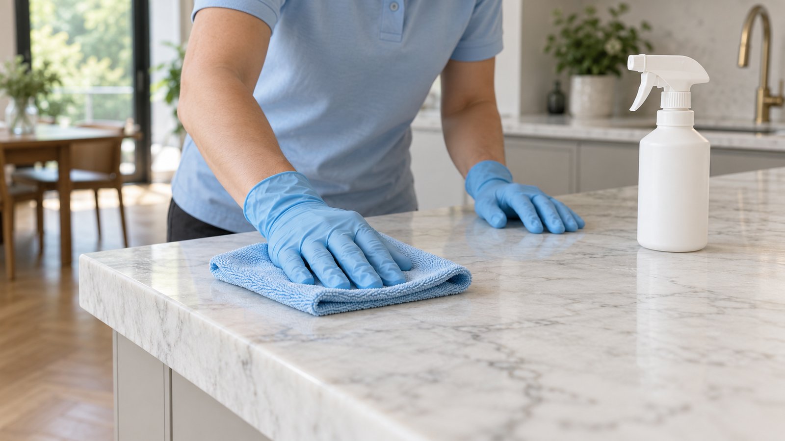 Hände in Handschuhen wischen eine Marmor-Arbeitsplatte mit einem leicht feuchten Mikrofasertuch