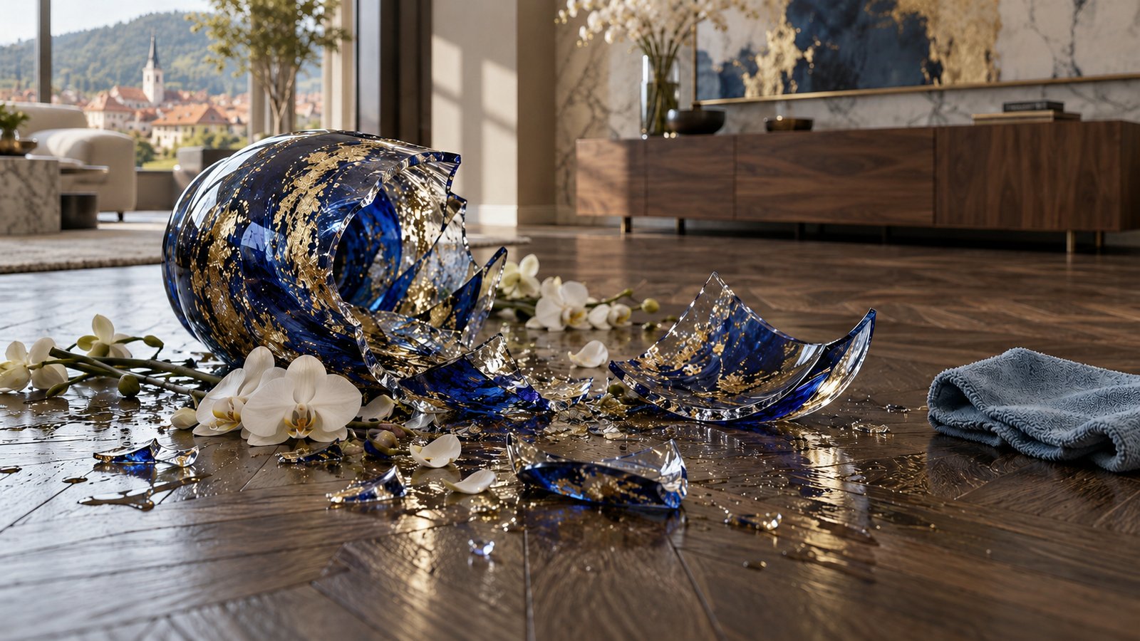 Eine zerbrochene wertvolle Murano-Glasvase auf dem Parkett einer Luxuswohnung